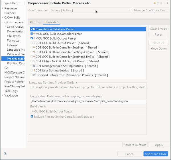 Compilation Database Parser settings