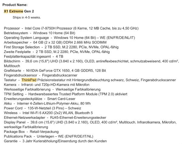 ThinkPad X1 Extreme Specs