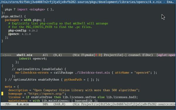 Emacs showing opencv/4.x.nix after jumping to definition of opencv