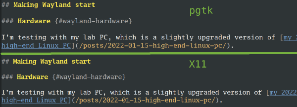Different text rendering in Emacs (pgtk vs. X11) Different text rendering in Emacs (pgtk vs. X11)